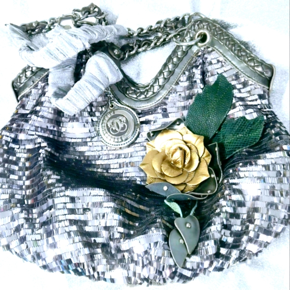 Sharif Vintage Bag of Mirrors with a Gold Leather Rose and Leaves